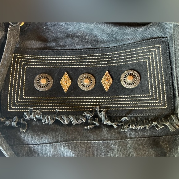 White Elephant Florence Italy linen canvas black fringe beaded tote aztec hippie - Picture 5 of 15